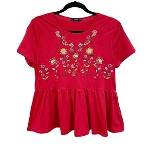 Shein Women's Red Loose Peplum Hem Ruffle Embroidered Front Babydoll Top Size M